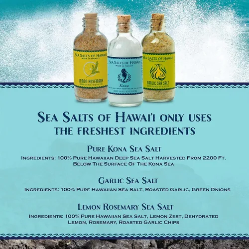 Miniatura 3 de Sea Salts of Hawaii Paquete de 3 variedades, sal hawaiana pura de Kona, sal de ajo asado, sal marina hawaiana con sabor a limón y romero
