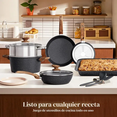 Miniatura 8 de Kitchen Academy Juego de utensilios de cocina de inducción de 17 piezas, ollas y sartenes de granito antiadherentes, sartenes de cocina negras, sin