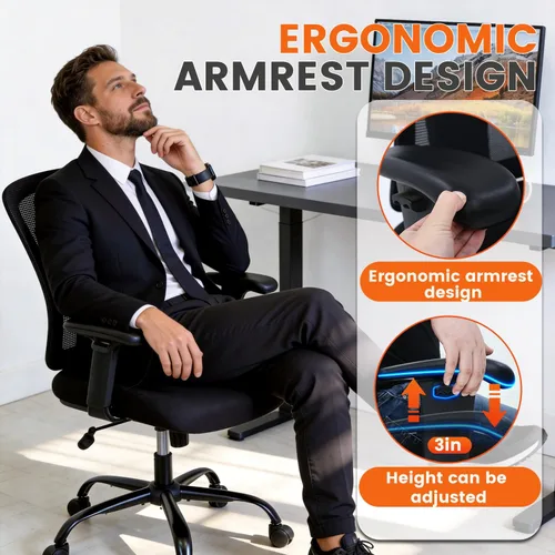 Miniatura 6 de Silla de oficina grande y alta, asiento ancho de 400 libras, silla de computadora con soporte lumbar, brazos ajustables, silla giratoria de malla