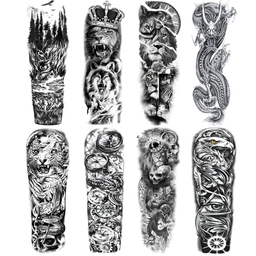 Miniatura 8 de Adhesivos de manga de tatuajes falsos de lobo león, brazo completo, dragón animal, tribal, mangas temporales de tatuaje para hombres, mujeres