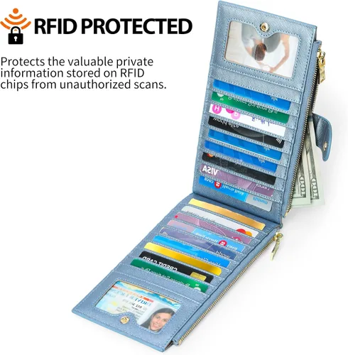 Miniatura 4 de GOIACII Cartera para mujer con bloqueo RFID plegable para tarjetas de crédito con 2 bolsillos con cremallera, B18 Azul perlado, Classic