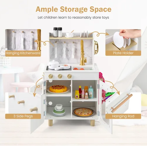 Miniatura 7 de INFANS Juego de cocina para niños, juego de cocina de madera para niños pequeños con estufa de teléfono, gabinete de almacenamiento de microondas