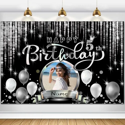 Miniatura 116 de Cartel de decoración de feliz cumpleaños número 100 personalizado - Personalización disponible - Negro y plateado - Tamaño grande - Admite fotos