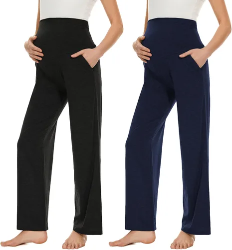 Miniatura 11 de Ecavus Pantalones de maternidad anchos y rectos para mujer, versátiles, cómodos, palazzo, elásticos, con bolsillos