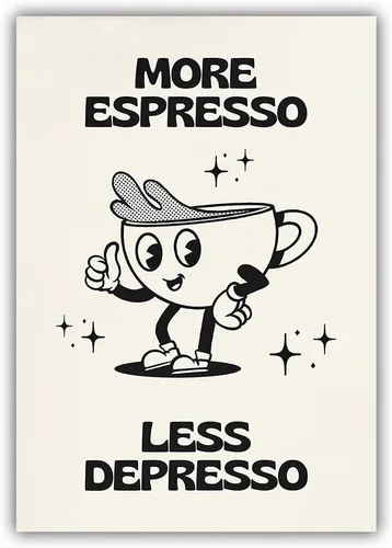 Miniatura 12 de Póster retro con texto en inglés «More Espresso Less Depresso», bonita taza de café de dibujos animados, citas rojas, arte de pared, divertido