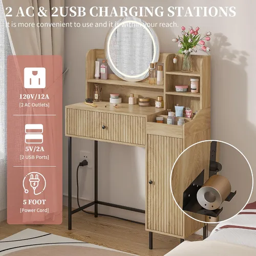 Miniatura 5 de Jluomei Escritorio de maquillaje estriado con espejo y luces, tocador de maquillaje moderno con cajón de almacenamiento, mesa de maquillaje LED