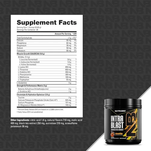 Miniatura 5 de NutraBio Intra Blast BCAA Polvo de Suplemento de Aminoácidos, Mezcla de Electrolitos e Hidratación, Intra, Pre Entrenamiento y Recuperación