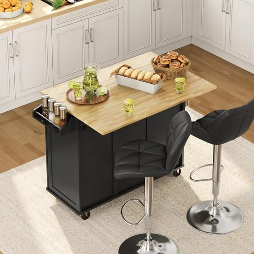 Miniatura 2 de Yaheetech Carrito de isla de cocina con hoja caída, barra de desayuno de cocina con 5 ruedas universales con gabinete de almacenamiento, parte Negro