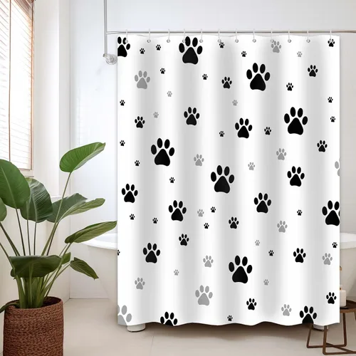 Miniatura 14 de Cortina de ducha con estampado de patas, perro y gato, decoración divertida de baño para niños, tela impermeable con ganchos