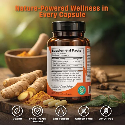Miniatura 3 de Pomona Wellness Suplemento orgánico de cúrcuma de 2100 mg, USDA orgánico, sin OMG, vegano, curcumina de cúrcuma con pimienta negra para absorción