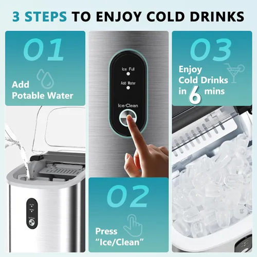 Miniatura 7 de EUHOMY Máquina de hielo portátil con asa de transporte, 26.5 libras por día, 9 cubos en 6 minutos, limpieza automática, con cesta y cuchara