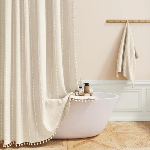 BTTN - Cortina de ducha bohemia para cubículo de 36x72 - Juego de cortina de lino estrecha ultra gruesa con rayas y borlas, con 6 ganchos, cortinas
