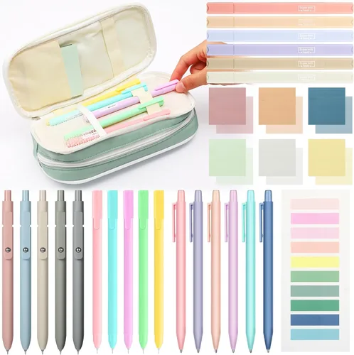 Miniatura 14 de 30 piezas de suministros escolares estéticos con estuche, 6 lápices mecánicos, 5 bolígrafos, 5 bolígrafos de secado rápido, 6 resaltadores pastel