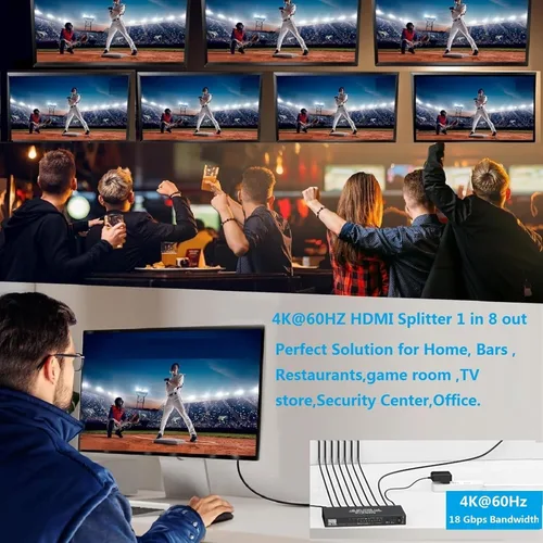 Miniatura 8 de Divisor HDMI 4K @60Hz 1x8 1 en 8 salidas, 4: 4: 4, 18 Gbps, 8 puertos alimentados HDMI 2.0 Splitter compatible con escalador automático hacia abajo