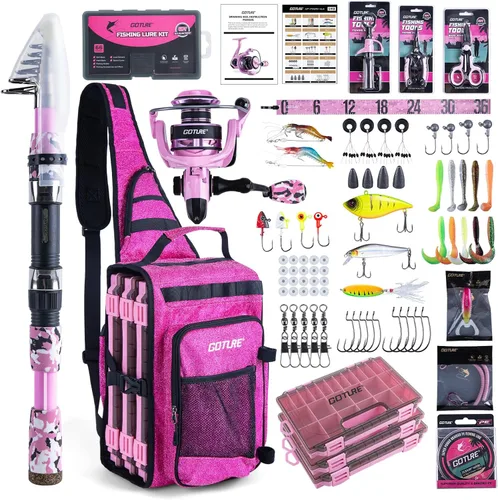 Miniatura 12 de Goture Combo de caña de pescar y carrete rosa - Carrete giratorio ML Action con bolsa rosa - Kit de caña telescópica para principiantes, viajes