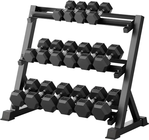 Miniatura 39 de RitFit Juego de mancuernas hexagonales con revestimiento de goma de 5 a 780 libras con estante para gimnasio en casa, entrenamiento de fuerza