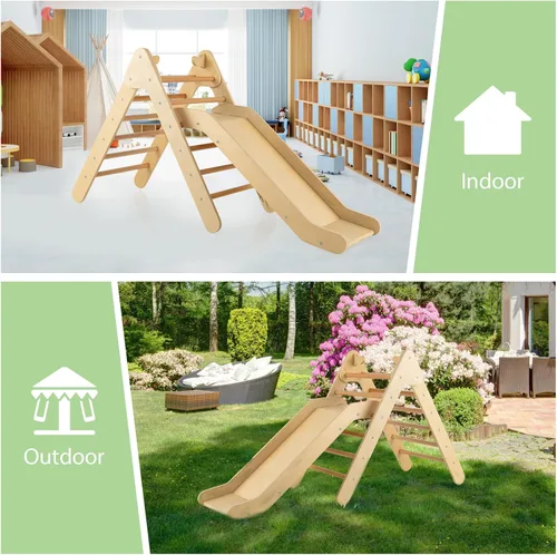 Miniatura 9 de OLAKIDS Juego de triángulo Pikler 2 en 1 juguetes de escalada para niños pequeños Gimnasio de selva plegable de madera Montessori con rampa