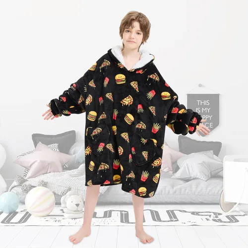 Miniatura 5 de Fiosnow Manta con capucha de pizza y papas fritas para niños de 6 a 13 años, manta de gran tamaño para niños, niñas y adolescentes