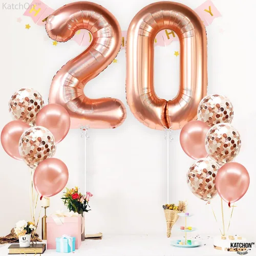Miniatura 2 de KatchOn, Globos de oro rosa con el número 20 de 40 pulgadas, paquete de 12, 20 globos con confeti, bonitas decoraciones de cumpleaños de 20 años