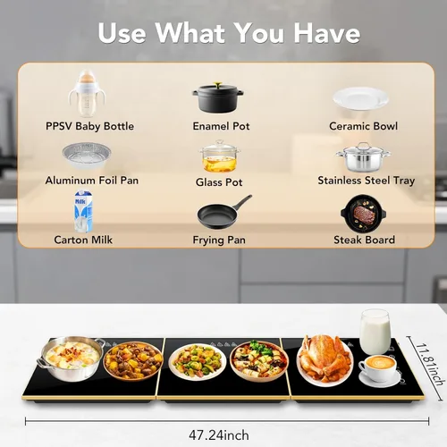 Miniatura 6 de Bandeja de calentamiento eléctrica, superficie de vidrio extra larga de 47 x 12 pulgadas, tapete de calentamiento 3 en 1 para alimentos, con 7
