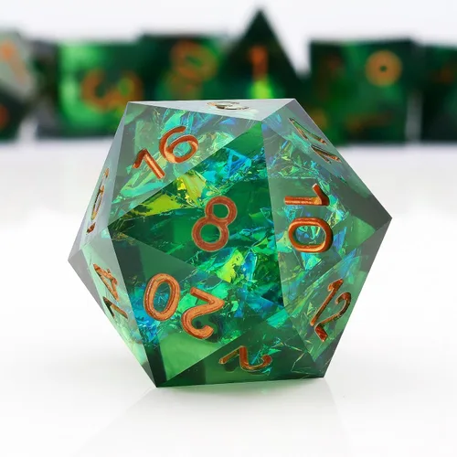 Miniatura 20 de Haxtec Juego de dados brillantes de borde afilado, dados DND de resina hechos a mano con inclusión de Mylar iridiscente, mezcla de color morado Azul