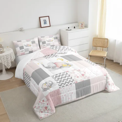 Miniatura 5 de Lindo juego de edredón de elefante, tamaño individual, juego de ropa de cama de dibujos animados Kawaii con flores de animales para niños y hombres