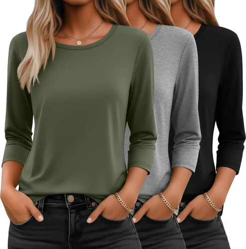 Miniatura 15 de Ficerd Paquete de 3 camisetas de manga 3/4 para mujer, cuello redondo, camisetas básicas elegantes, casuales, modernas, holgadas