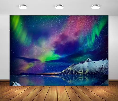 BELECO Telón de fondo de tela de 5 x 3 pies, magnífico telón de fondo de auroras boreales de Noruega, aurora boreal, Alaska, montañas cubiertas de