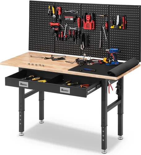 Miniatura 13 de ENJOYWOOD Mesa de trabajo para garaje de 60 pulgadas Banco de trabajo con almacenamiento Altura ajustable Tablero de madera de goma Banco de trabajo