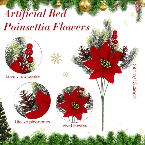 Miniatura 2 de Ramo de flores de Pascua artificiales de terciopelo rojo de 13.4 pulgadas, para exteriores, con cono de pino, bayas rojas, agujas de pino, plantas