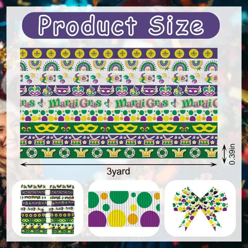 Miniatura 2 de 9 cintas decorativas de Mardi Gras de 3/8 pulgadas, máscara de Mardi Gras púrpura y verde, cinta de grogrén de 3 yardas, cinta de Mardi Gras
