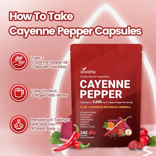 Miniatura 8 de VivoNu Suplemento de cápsulas blandas de pimienta de cayena, apoya la salud de las venas de las piernas, el corazón y los vasos sanguíneos