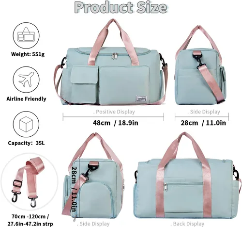 Miniatura 3 de FIORETTO - Bolsa de deporte para mujer con compartimento para zapatos, capacidad de 37 litros, ideal para viajes, gimnasio, deportes, fines de semana