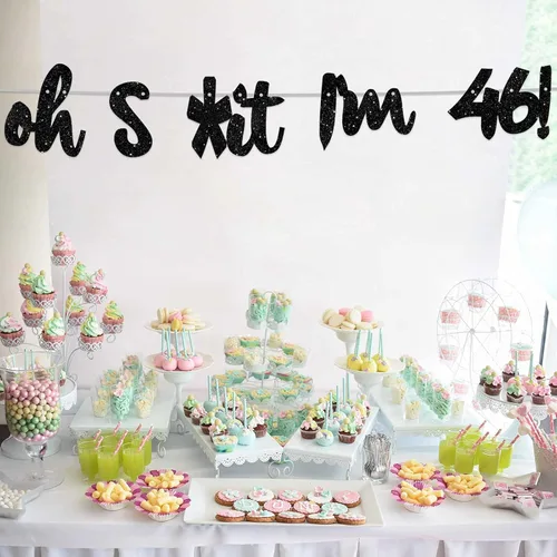 Miniatura 6 de Oh I'm 46! - Fondo de pancarta con purpurina negra de Hallo de cuarenta y seis saludos a 46 años de edad, decoración temática para hombre y mujer