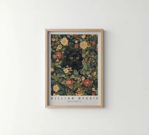 Miniatura 47 de Póster con impresión artística de gato negro, estilo William Morris, floral retro de mediados de siglo, botánico, victoriano, Academia oscura