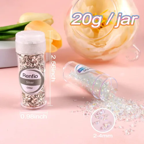 Miniatura 4 de Renfio Juego de purpurina de vidrio triturado roto de 32 colores, 22.57 onzas, fragmentos de purpurina de 2 a 0.157 in, chips de vidrio metálico