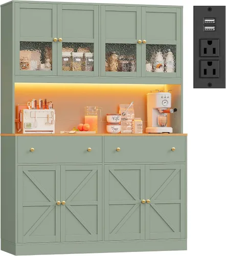 Miniatura 11 de FINETONES Armario de despensa de 71 pulgadas con luz LED y estación de carga, armario de despensa de cocina de granja con soporte para microondas
