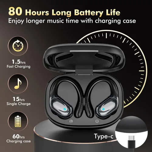 Miniatura 2 de Auriculares inalámbricos Bluetooth de reproducción de 80 horas, pantalla de alimentación con micrófono con cancelación de ruido, auriculares
