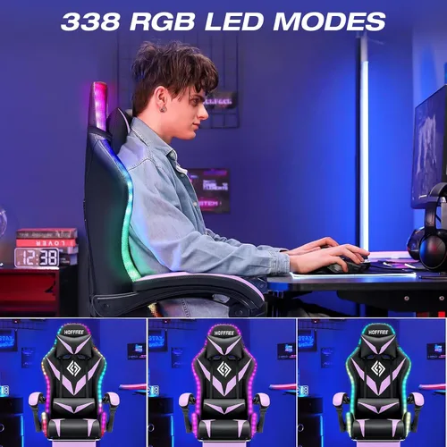 Miniatura 3 de Silla de juegos RGB con masaje y luces LED, silla de computadora ergonómica con reposapiés, silla reclinable de respaldo alto para videojuegos