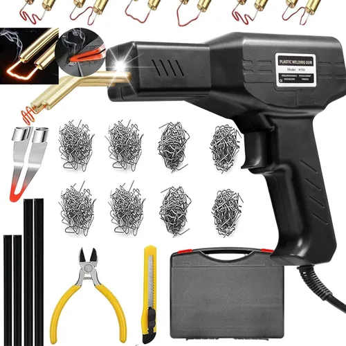 Soldador de plástico, kit de reparación de soldadura de plástico 2 en 1 con 1000 grapas calientes, 4 varillas de soldadura de plástico, cuchillo,