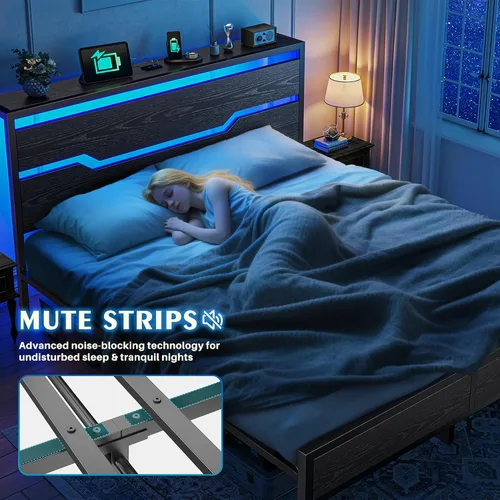 Miniatura 4 de Homkdom - Estructura de cama tamaño matrimonial con luces LED y estación de carga, estructura de cama completa con cabecero de almacenamiento, 13