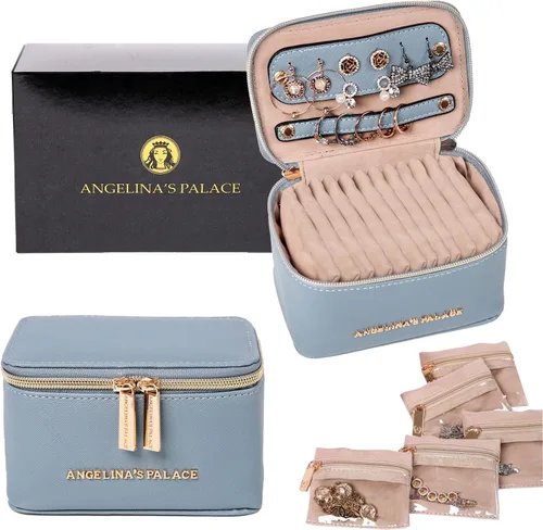 Angelinas Palace Estuche organizador de joyas regalos de dama de honor bolsa de viaje caja de cuero vegano para collar aretes pulsera anillo azul