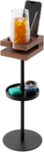 Miniatura 9 de Mesa de bebidas para espacios pequeños – Mesa auxiliar delgada de pedestal con parte superior de madera real y base estable para café y cócteles