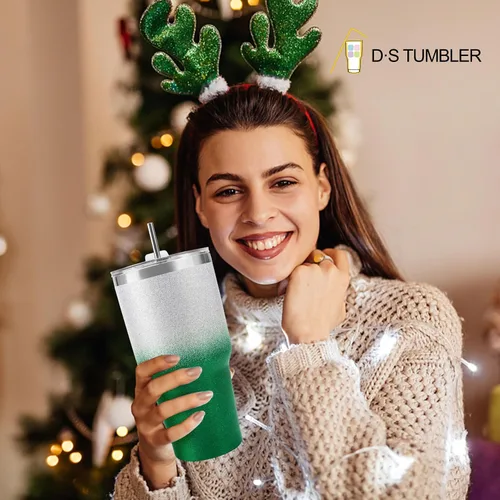 Miniatura 7 de D·S Vaso de 30 onzas con purpurina verde de Navidad con gradiente de acero inoxidable de doble pared aislada al vacío con popote y tapa, cepillo