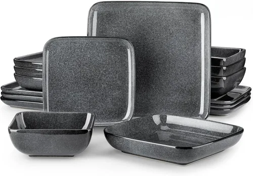 vancasso Stern Gray - Juego de vajilla de 16 piezas de cerámica de cocina con esmalte reactivo cuadrado, juego de vajilla de piedra con plato de Gris