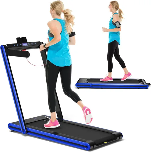GYMAX Caminadora 2 en 1 para debajo del escritorio, máquina de correr plegable con pantalla LED doble, aplicación y control remoto, almohadilla para