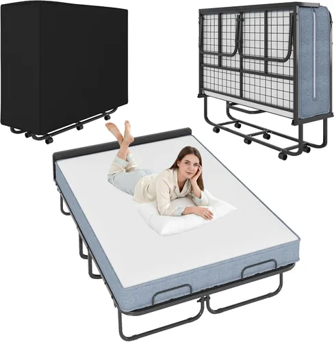 Miniatura 12 de Mjkone Cama plegable con colchón, cama rodante para adultos con cabecero y bolsa antipolvo, cama plegable portátil de 5 pulgadas para huéspedes