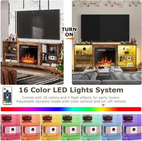 Miniatura 2 de PUKAMI Soporte de TV con chimenea de 18 pulgadas para sala de estar, centro de entretenimiento de 58 pulgadas con luces para las patas, gabinete