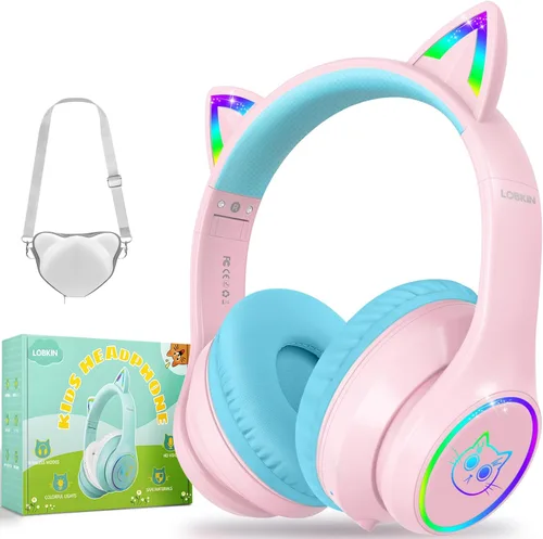 LOBKIN Auriculares Bluetooth para Niños, Auriculares Inalámbricos Sobre la Oreja para Niños con Micrófono, 50H de Reproducción, Luces LED Coloridas,
