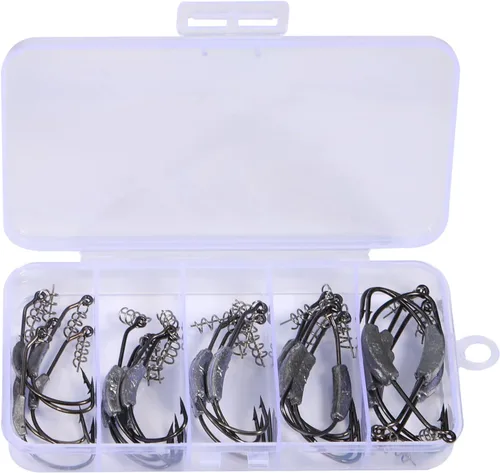 Sougayilang Anzuelos de pesca de acero de alto carbono gusano cebo suave anzuelos de pescado con caja de plástico 25 piezas ponderadas